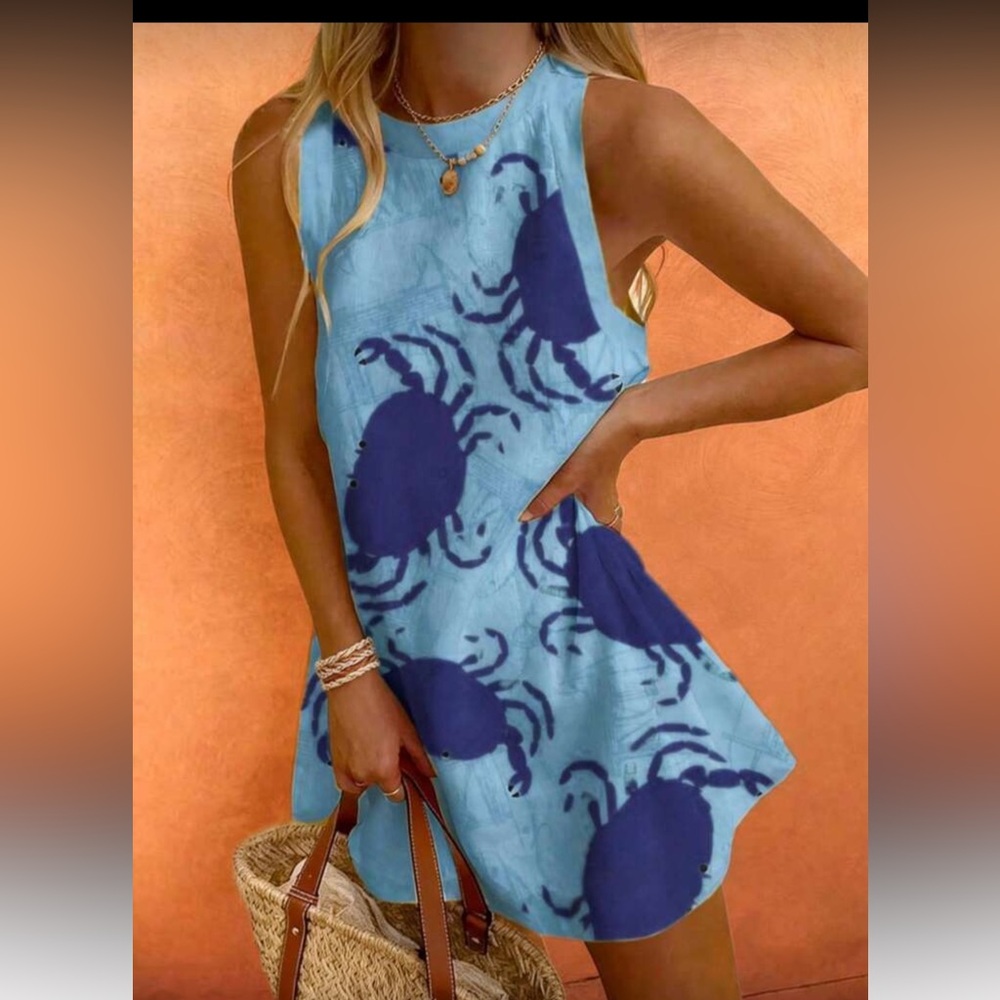 Blue Crab Print Sleeveless Shift Dress with Button Neck Large - Picture 8 of 8